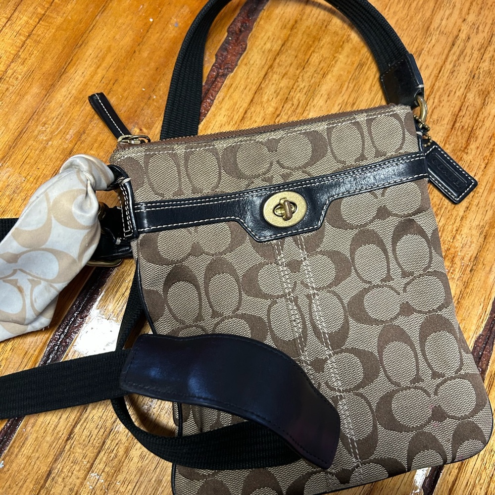 Y2K Coach Tan & Brown Signature Canvas Crossbody with Black Trim